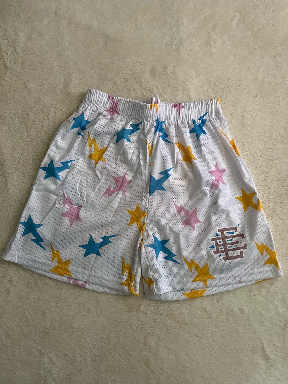 Eric Emanuel White Mesh Shorts with Blue, Yellow & Pink Stars